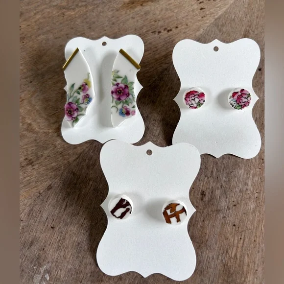 Handmade Broken China Earrings Fancy Aqua Blue Green Small Circle Beach Vintage - Picture 5 of 10